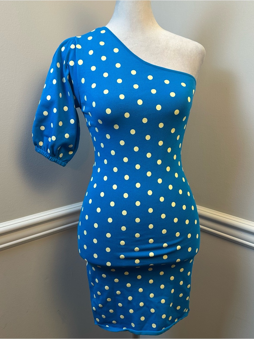 Zara Blue One-Shoulder Polka Dot Fitted Dress S